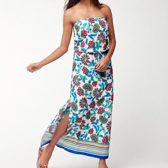 Tommy Bahama Strapless Maxi Dress Floral Stretch Strapless Tropical size M Navy - Picture 2 of 12